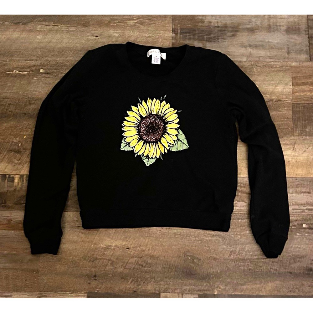 White Fawn Girl's Black Crew Neck Pullover Sweatshirt Sunflower Graphic M